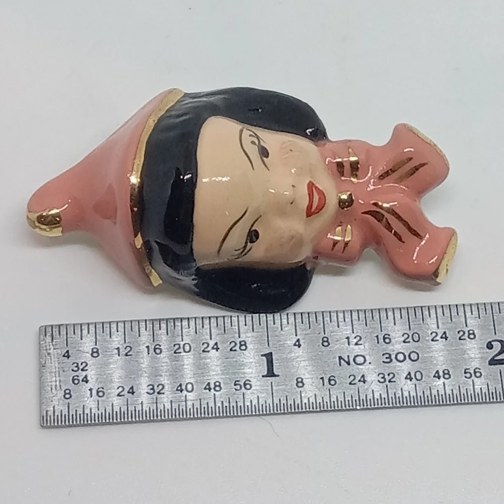 * vintage MCM ceramic pink & gold Elf Pixie Girl pin brooch